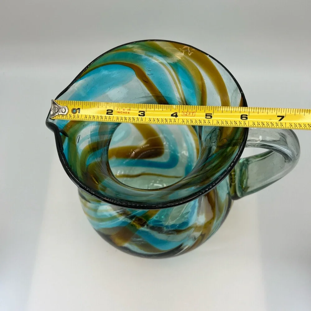 Mexican Hand Blown Art Glass Pitcher Turquoise Brown Vessel With Handle Swirl